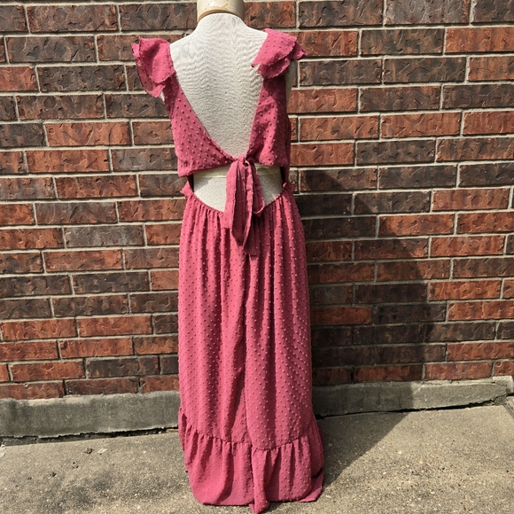 Francescas Ruffle Strap Clipdot Maxi Dress Rose Cutout Sleeveless Ruffle Sz L - Picture 4 of 14